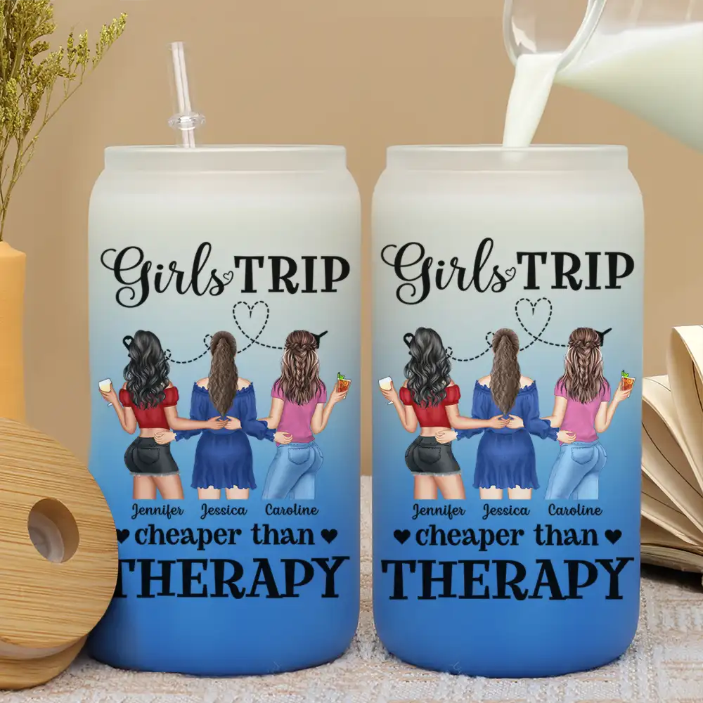 Girls Trip Cheaper Than Therapy - Personalized Ombre Frosted Glass Can - Image 3