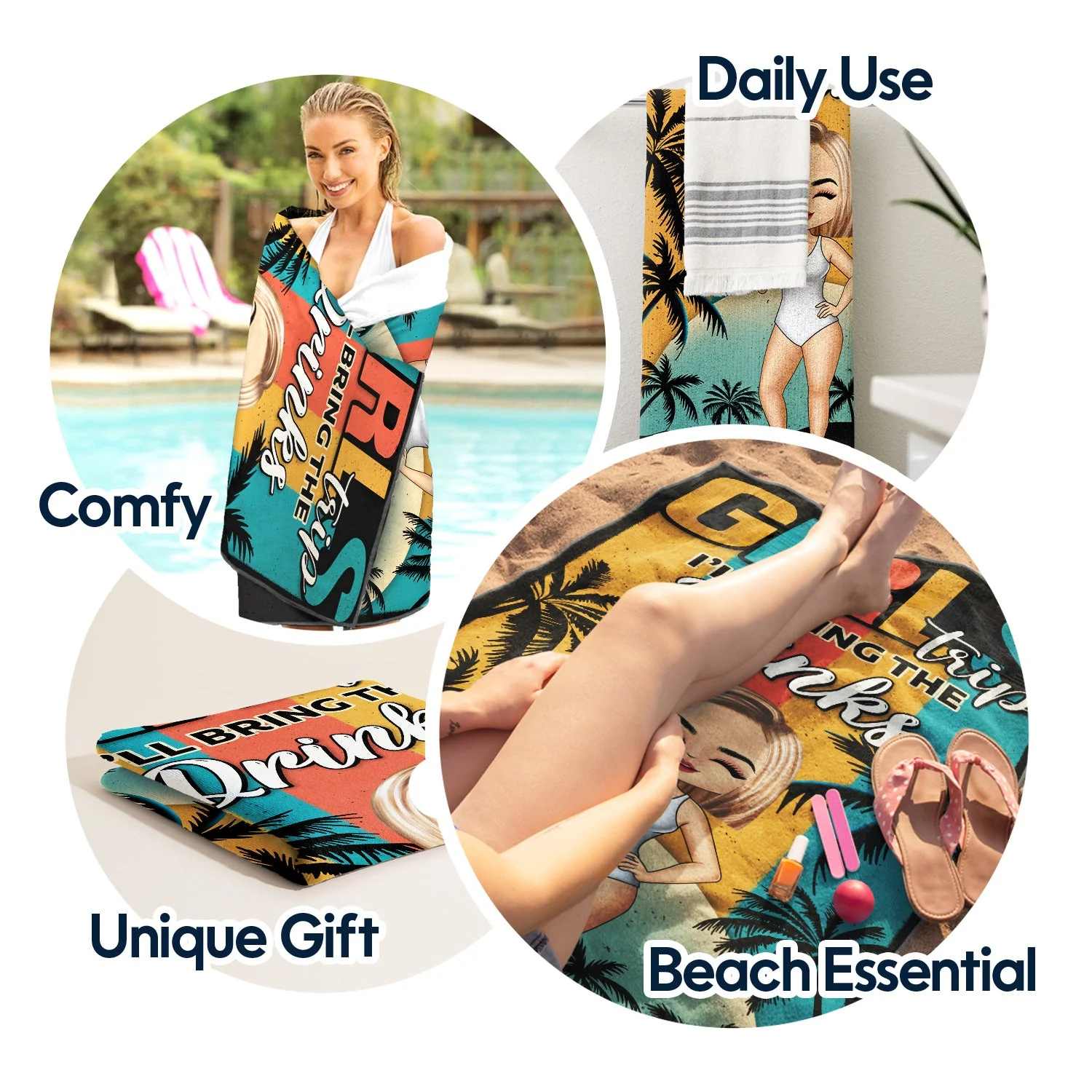Girls' Trip I'll Bring The Alibi Retro Beaches Swimming Picnic Vacation Traveling - Birthday, Funny Gift For Her, Besties, Family - Personalized Custom Beach Towel - Image 5