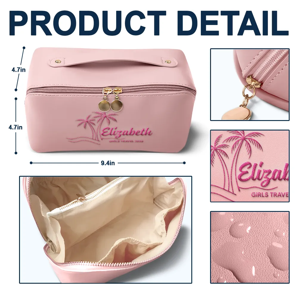 Girls Trip Palm Trees Beach - Personalized Embroidered Leather Makeup Bag - Image 4