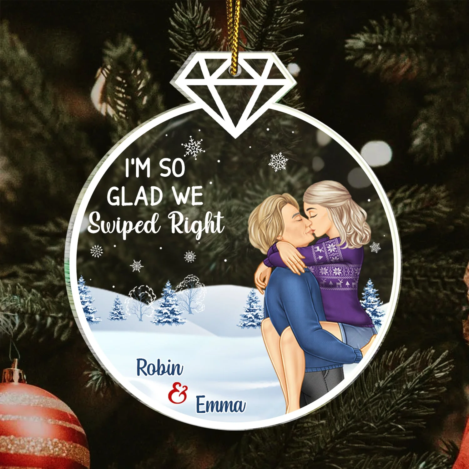 Glad We Swiped Right - Christmas Gift For Couples - Personalized Custom Shaped Acrylic Ornament - Image 3