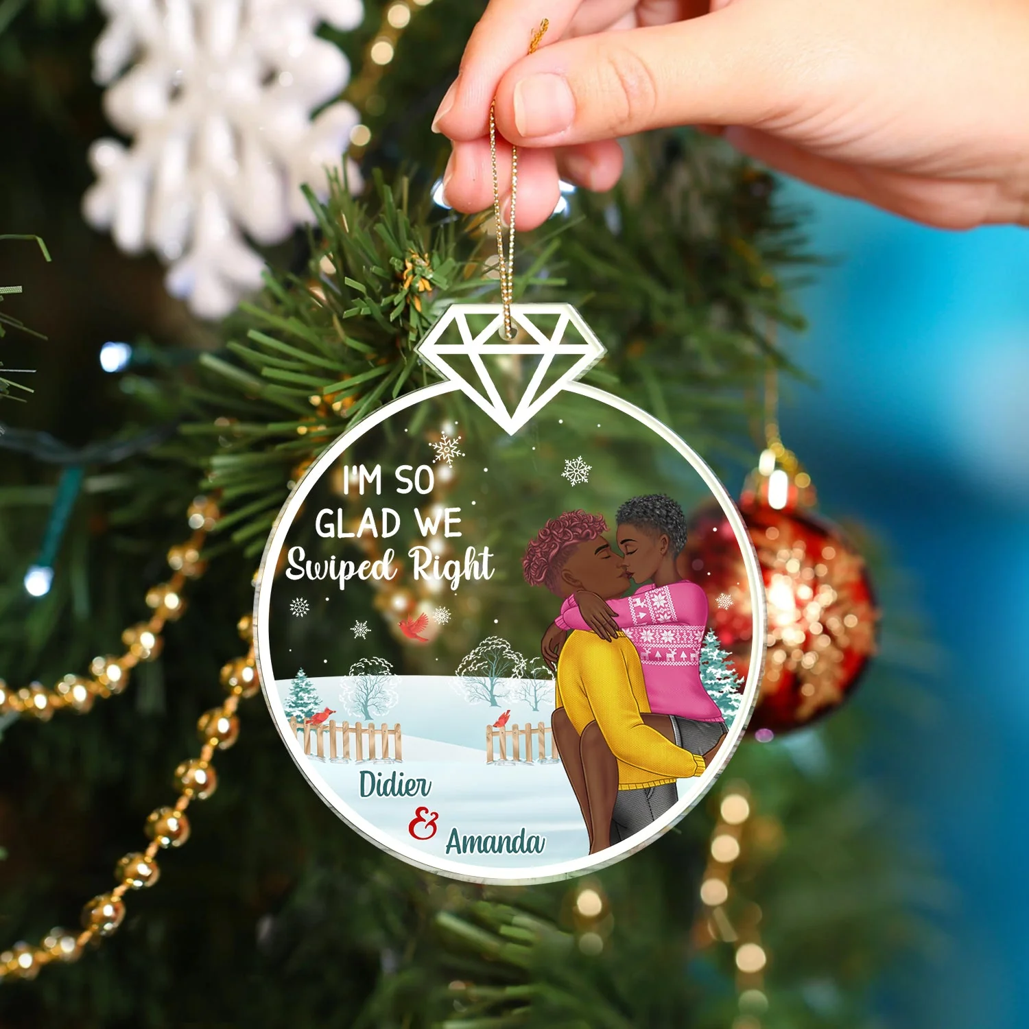 Glad We Swiped Right - Christmas Gift For Couples - Personalized Custom Shaped Acrylic Ornament - Image 4