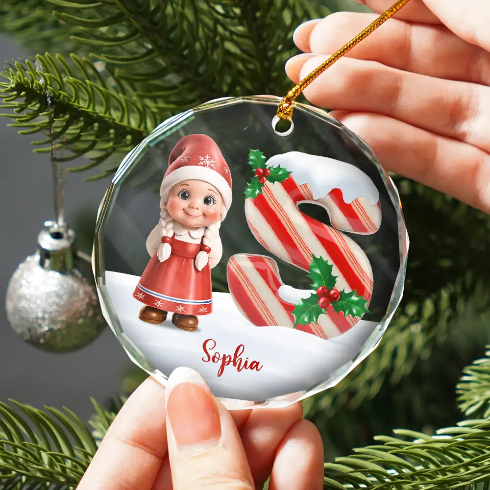 Gnome Baby Christmas Candy Cane Letter - Personalized Circle Glass Ornament - Image 2