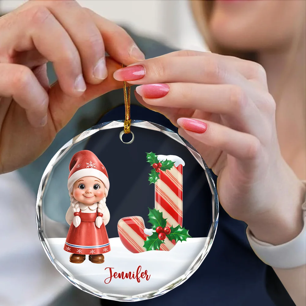 Gnome Baby Christmas Candy Cane Letter - Personalized Circle Glass Ornament - Image 4