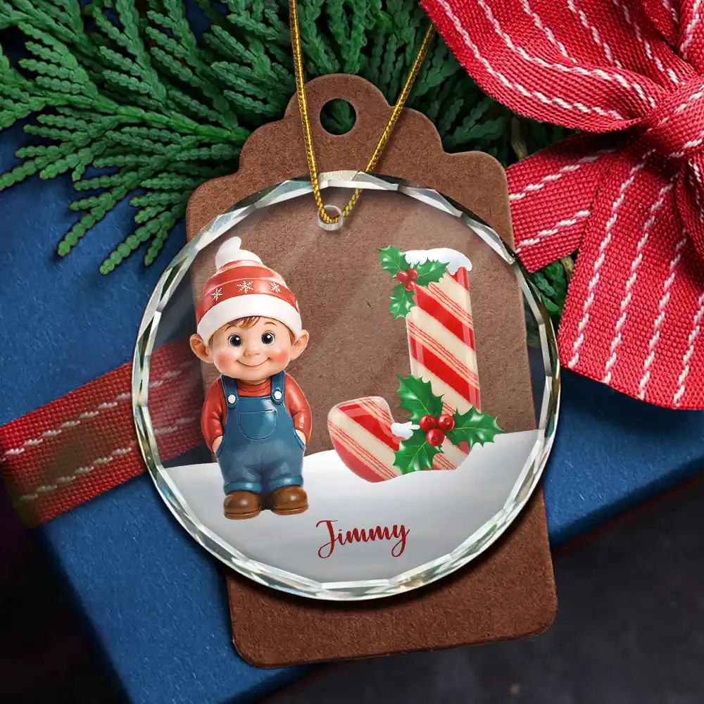 Gnome Baby Christmas Candy Cane Letter - Personalized Circle Glass Ornament - Image 5