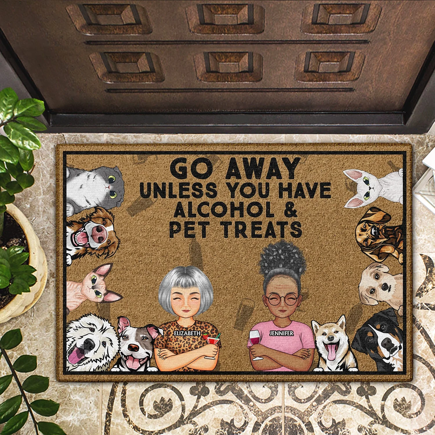 Go Away Unless You Have Alcohol And Dog Treats Cat Treats Pet Treats Cartoon Couples - Home Decor, Birthday, Housewarming Gift For Dog Lovers & Cat Lovers - Personalized Custom Doormat - Image 2
