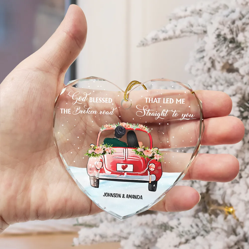God Blessed The Broken Road Christmas Couples - Personalized Heart Shaped Glass Ornament - Image 3