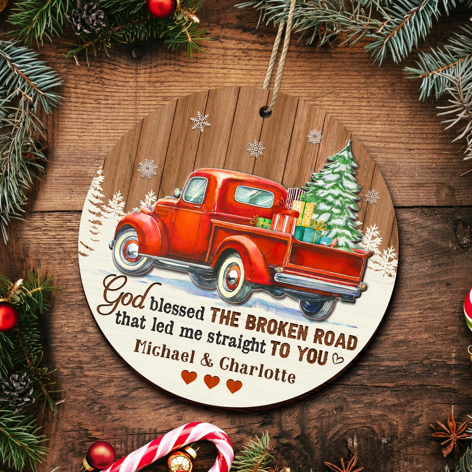God Blessed The Broken Road - Christmas Gifts For Couples, Husband, Wife - Personalized 2-Layered Wooden Ornament - Image 5