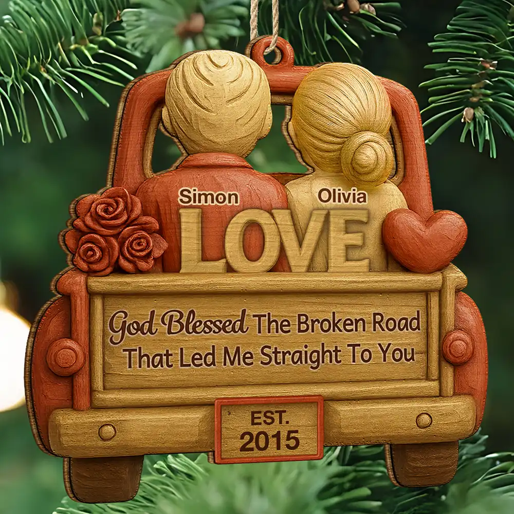 God Blessed The Broken Road Couple - Personalized Custom Shaped Wooden Ornament - Image 2