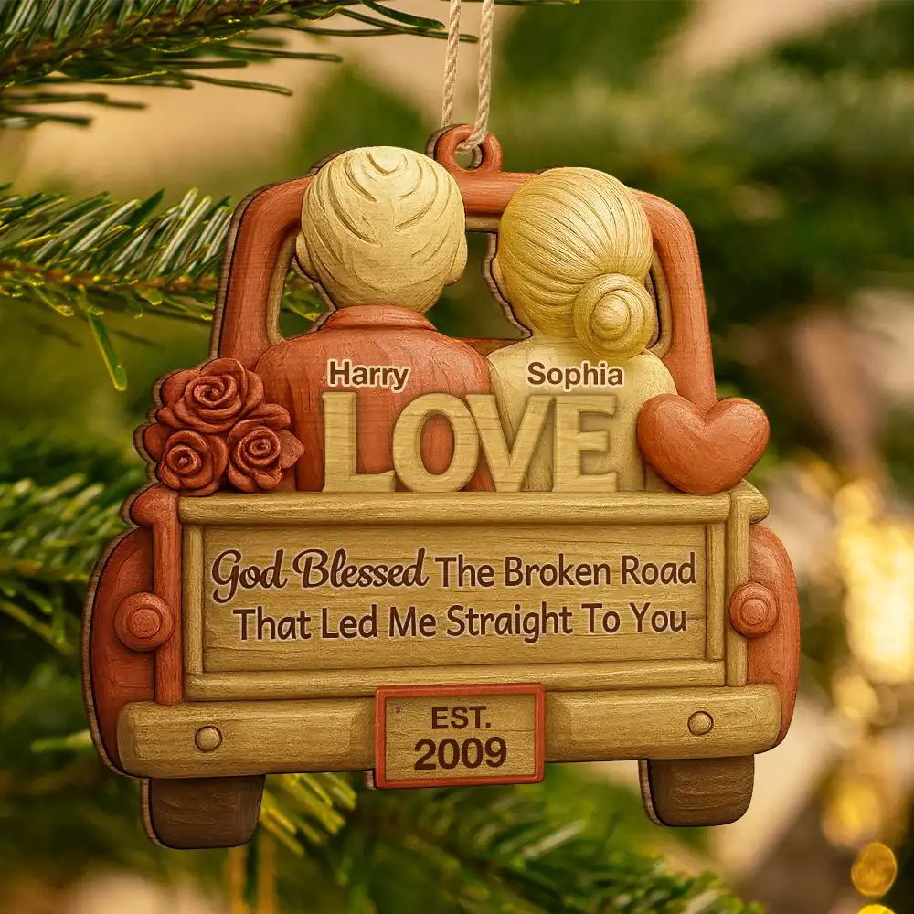 God Blessed The Broken Road Couple - Personalized Custom Shaped Wooden Ornament - Image 4