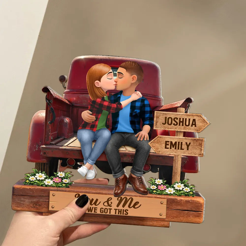 God Blessed The Broken Road Flannel Couple - Personalized Custom Shaped 2-Layered Acrylic Wooden Plaque - Image 3
