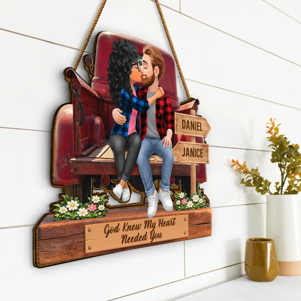 God Blessed The Broken Road Flannel Couple - Personalized Custom Shaped Wood Sign - Image 2