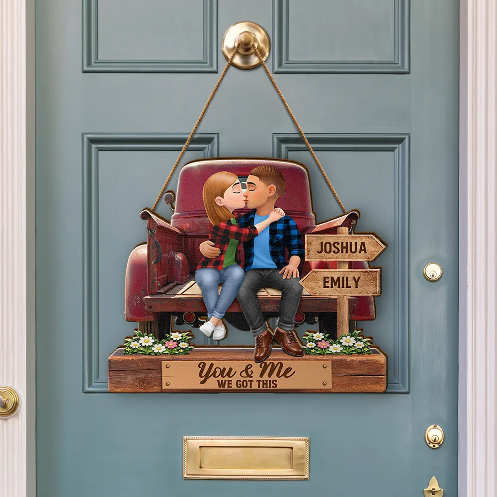 God Blessed The Broken Road Flannel Couple - Personalized Custom Shaped Wood Sign - Image 3