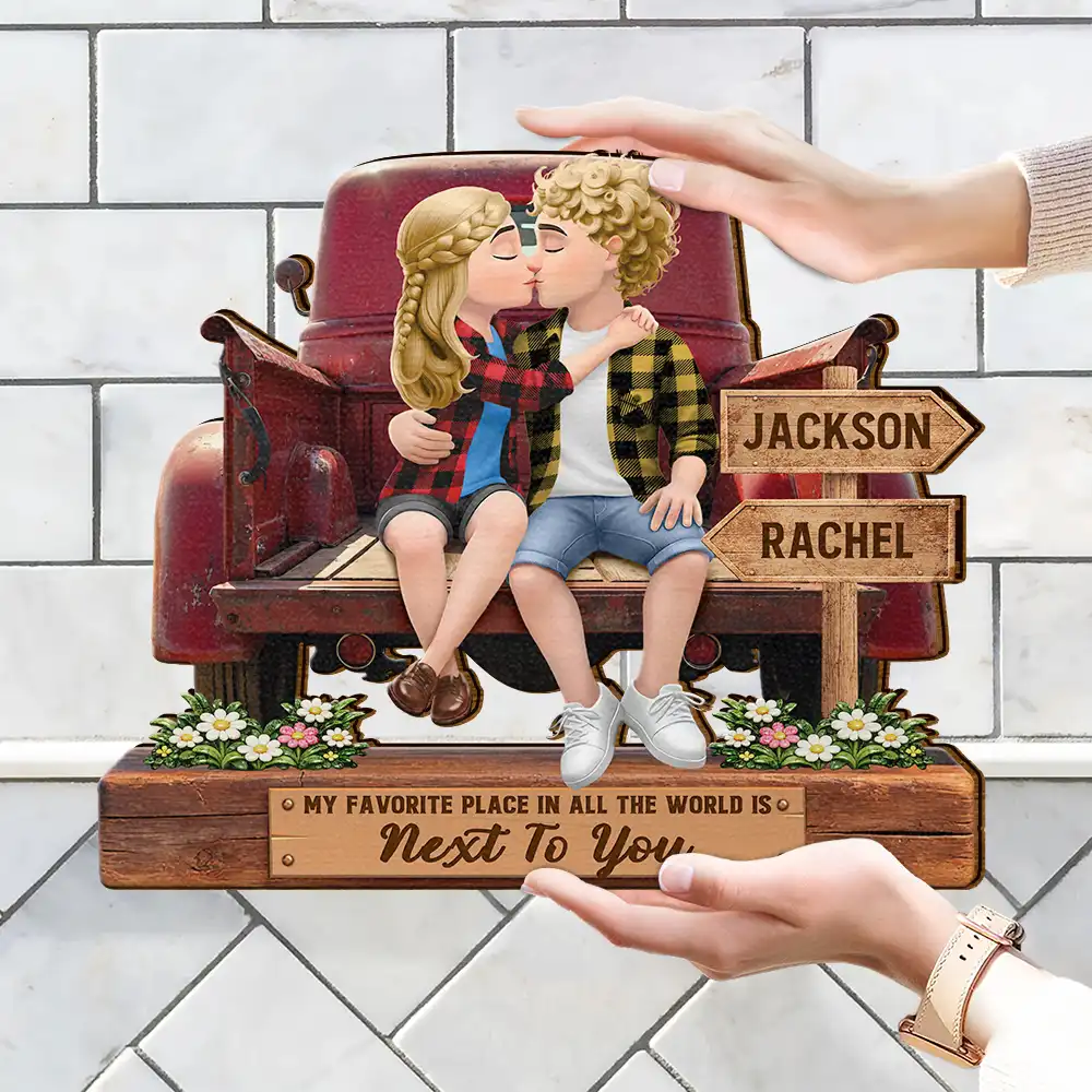 God Blessed The Broken Road Flannel Couple - Personalized Custom Shaped Wood Sign - Image 4