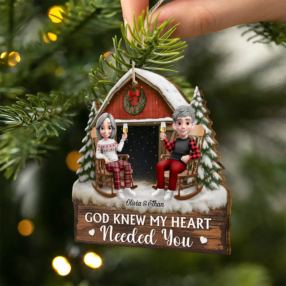 God Gave Me You Couple Red Barn Couple Sitting - Personalized Custom Shaped Wooden Ornament - Image 2