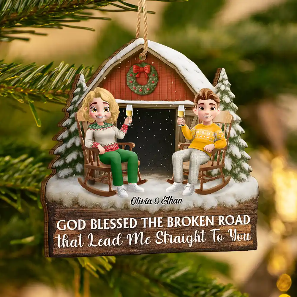 God Gave Me You Couple Red Barn Couple Sitting - Personalized Custom Shaped Wooden Ornament - Image 3