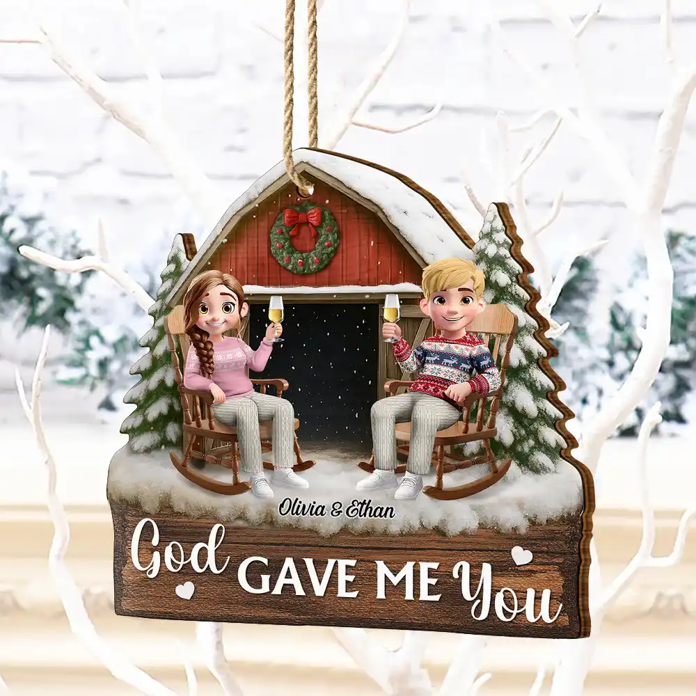 God Gave Me You Couple Red Barn Couple Sitting - Personalized Custom Shaped Wooden Ornament - Image 4