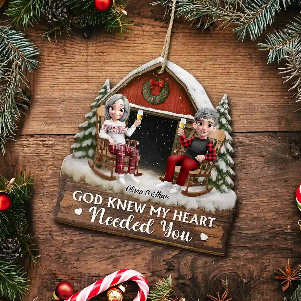 God Gave Me You Couple Red Barn Couple Sitting - Personalized Custom Shaped Wooden Ornament - Image 5