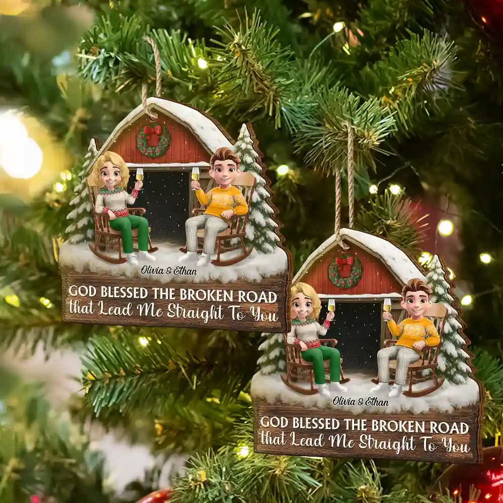 God Gave Me You Couple Red Barn Couple Sitting - Personalized Custom Shaped Wooden Ornament - Image 6