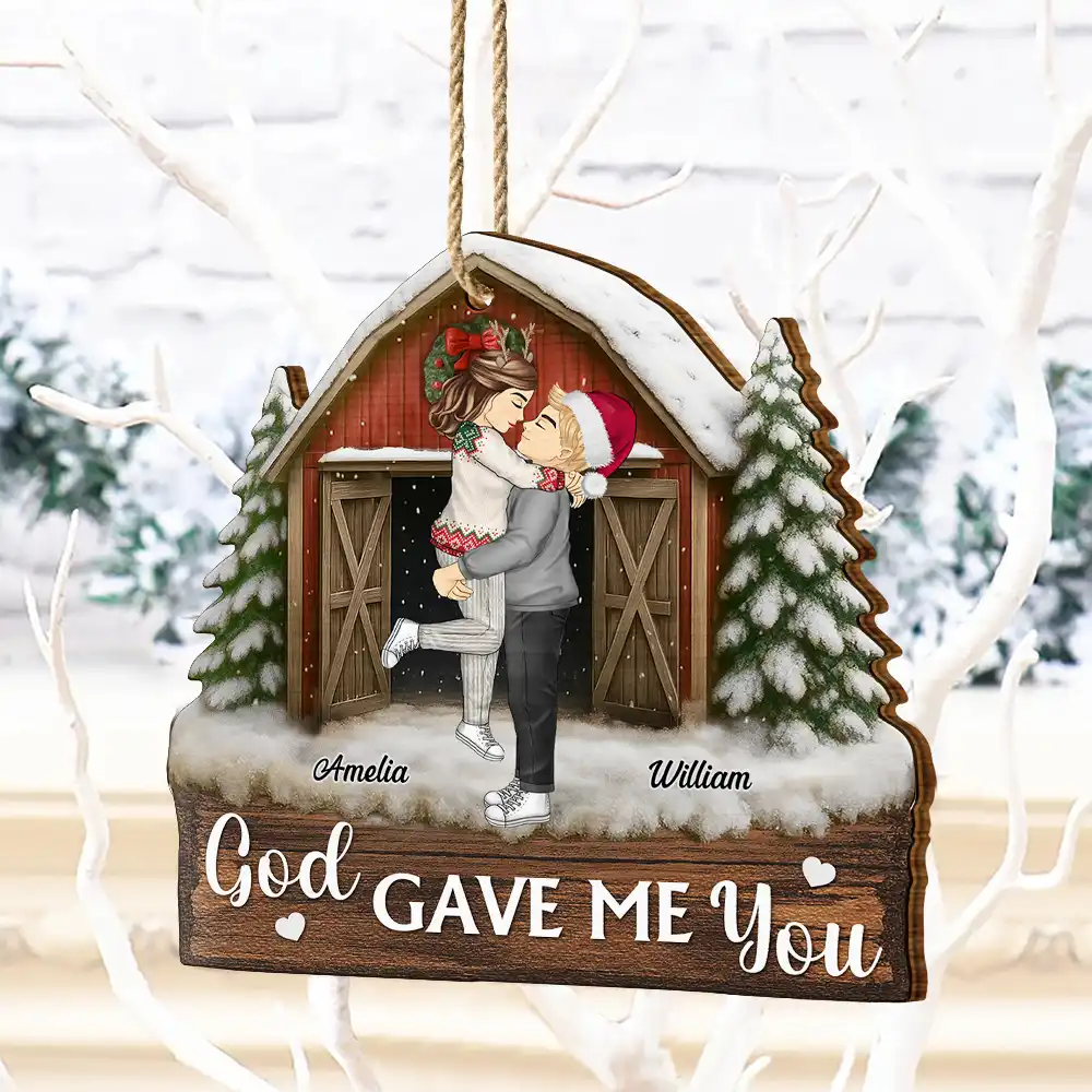 God Gave Me You Couple Red Barn - Personalized Custom Shaped Wooden Ornament - Image 4