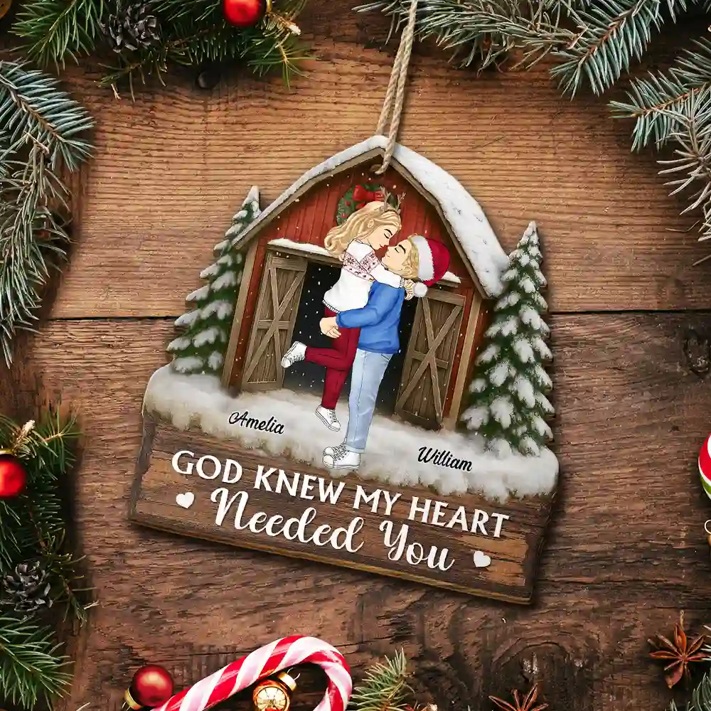 God Gave Me You Couple Red Barn - Personalized Custom Shaped Wooden Ornament - Image 5