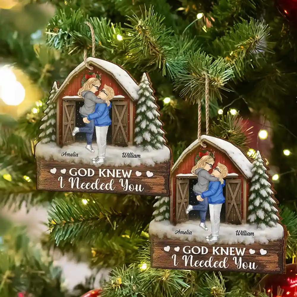God Gave Me You Couple Red Barn - Personalized Custom Shaped Wooden Ornament - Image 6