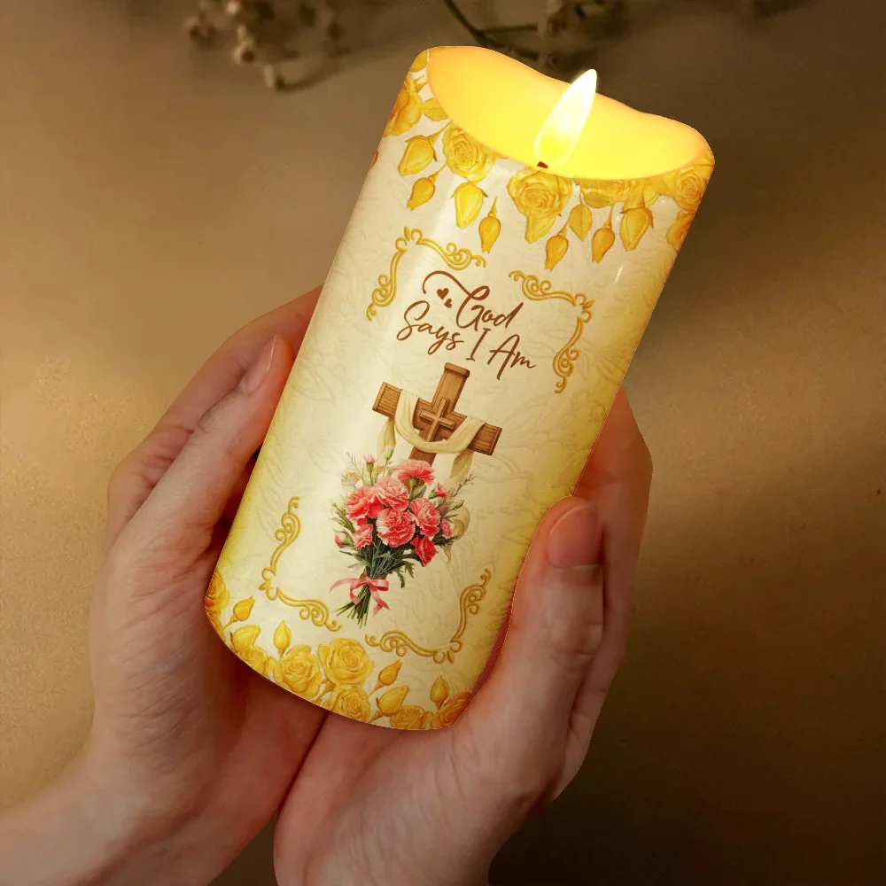 God Says I Am 3D Effect Flower Border - Personalized Flameless LED Candle - Image 3