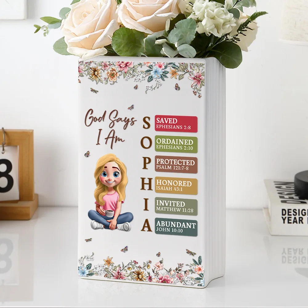 God Says I Am Bible Verse - Personalized Ceramic Book Vase - Image 6