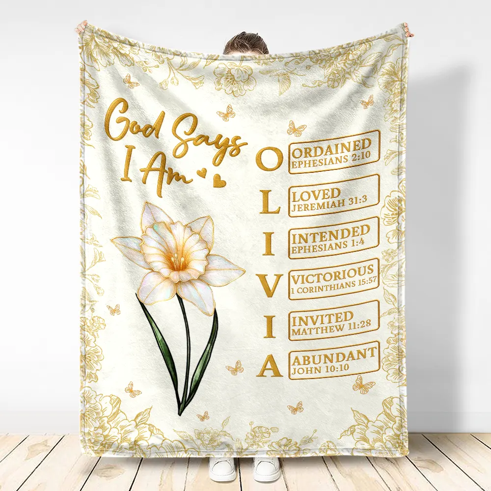God Says I Am Birth Flower 3D Effect Name Letter In Bible - Personalized Fleece Blanket, Sherpa Blanket - Image 3