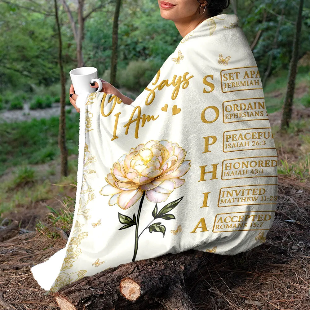 God Says I Am Birth Flower 3D Effect Name Letter In Bible - Personalized Fleece Blanket, Sherpa Blanket - Image 5