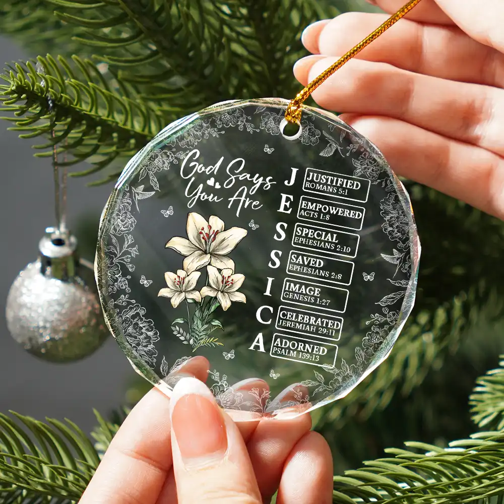 God Says I Am Name Letter In Bible - Personalized Circle Glass Ornament - Image 2