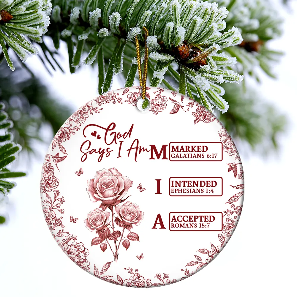 God Says I Am Name Letter In Bible Toile De Jouy Flower - Personalized Circle Ceramic Ornament - Image 4