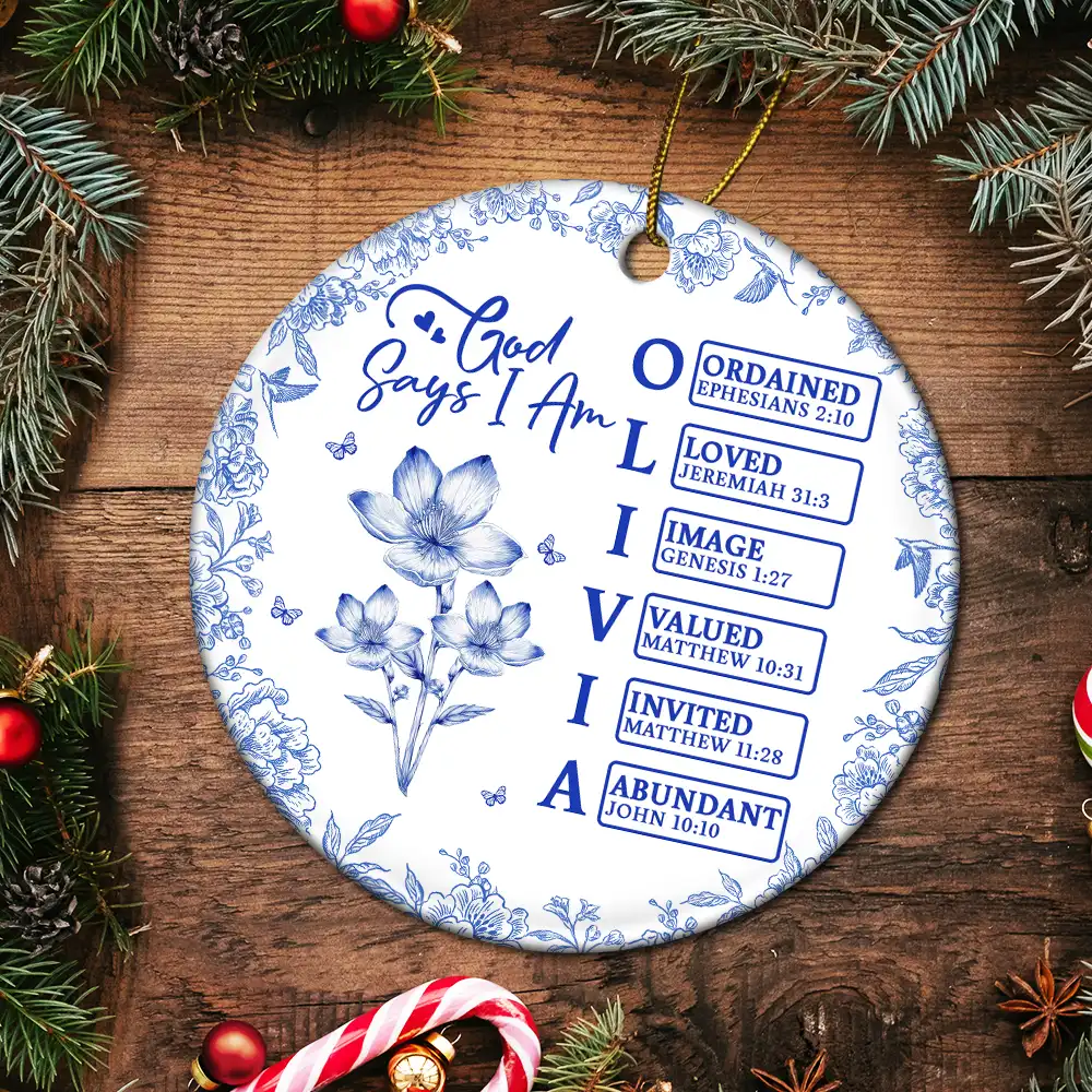 God Says I Am Name Letter In Bible Toile De Jouy Flower - Personalized Circle Ceramic Ornament - Image 5