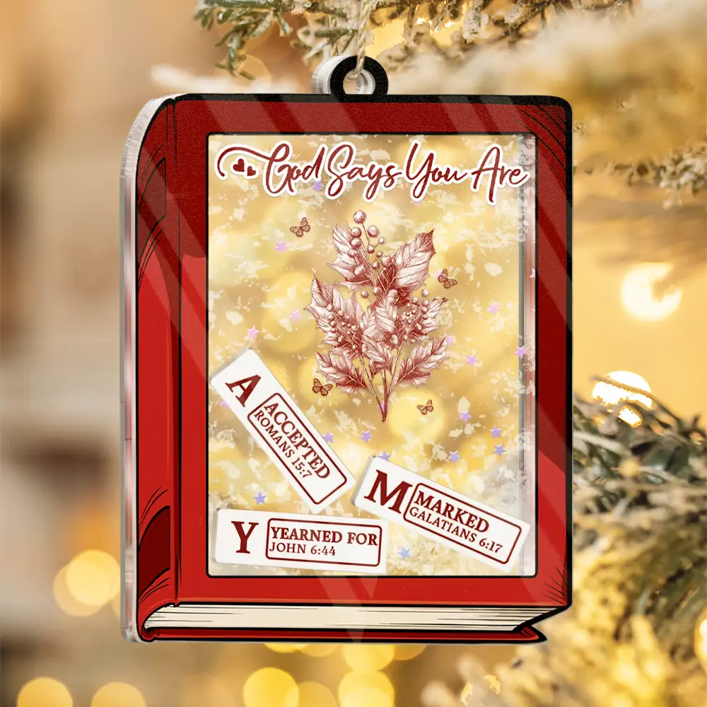 God Says I Am Toile De Jouy Birth Flower Book Shape - Personalized 3-Layered Acrylic Shaker Ornament - Image 4
