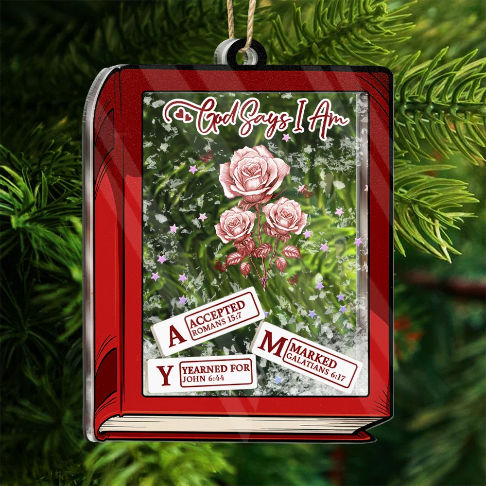 God Says I Am Toile De Jouy Birth Flower Book Shape - Personalized 3-Layered Acrylic Shaker Ornament - Image 6