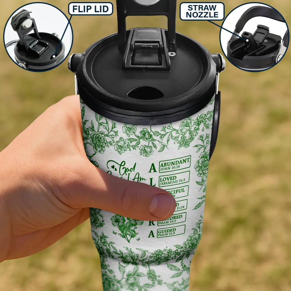 God Says I Am Toile De Jouy Flower - Personalized 30oz Tumbler With Handle - Image 4