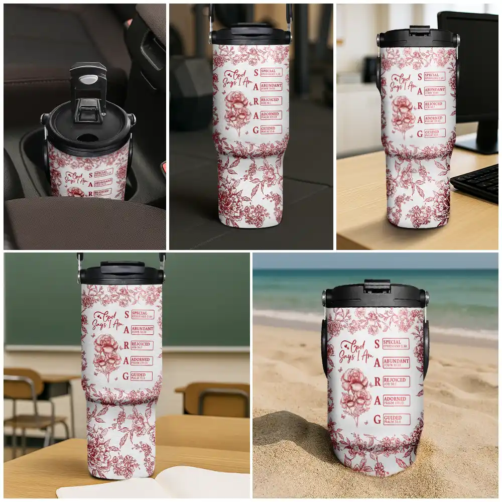 God Says I Am Toile De Jouy Flower - Personalized 30oz Tumbler With Handle - Image 6