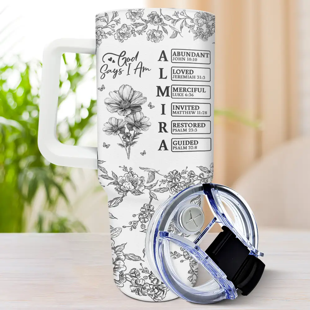 God Says I Am Toile De Jouy Flower - Personalized 40oz Tumbler With Straw - Image 3