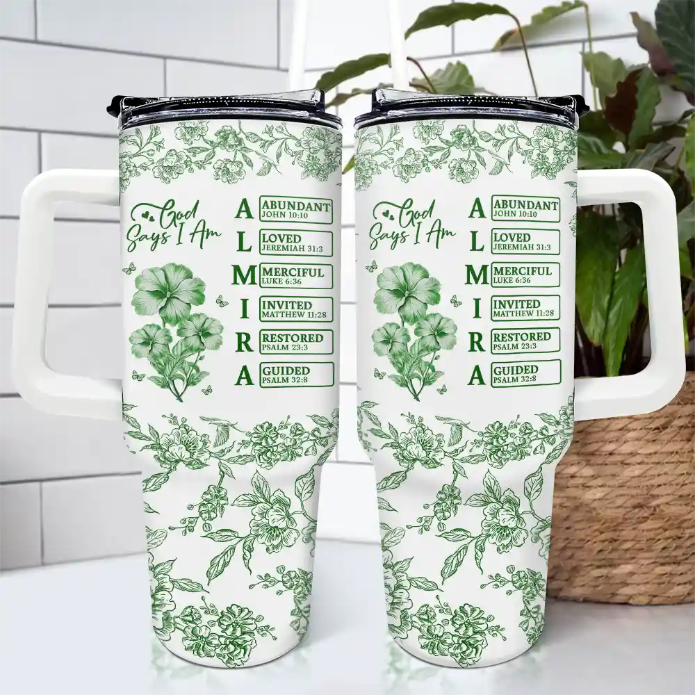 God Says I Am Toile De Jouy Flower - Personalized 40oz Tumbler With Straw - Image 4
