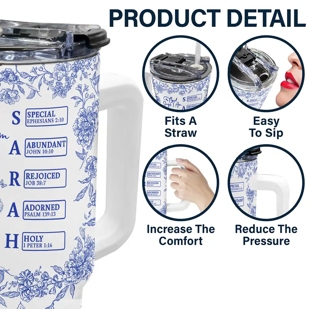 God Says I Am Toile De Jouy Flower - Personalized 40oz Tumbler With Straw - Image 5
