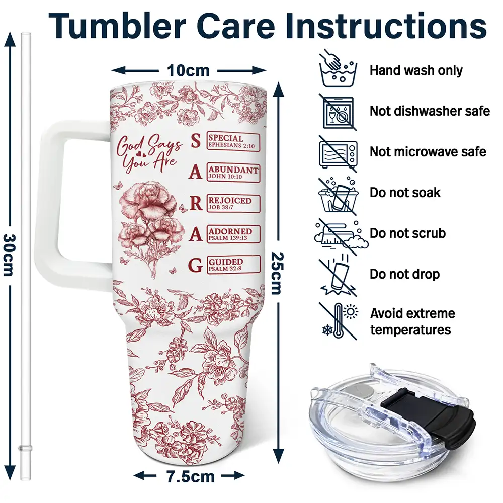 God Says I Am Toile De Jouy Flower - Personalized 40oz Tumbler With Straw - Image 6