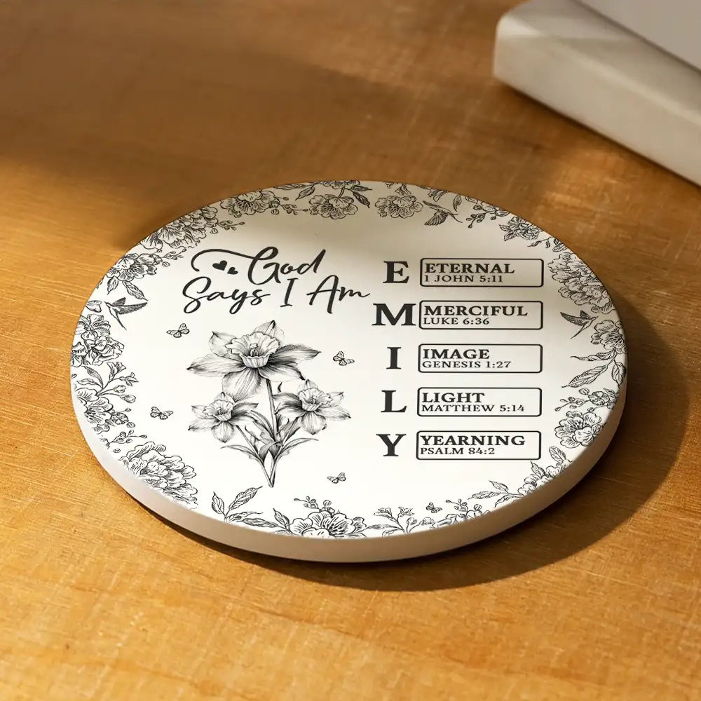 God Says I Am Toile De Jouy Flower - Personalized Ceramic Coaster - Image 2