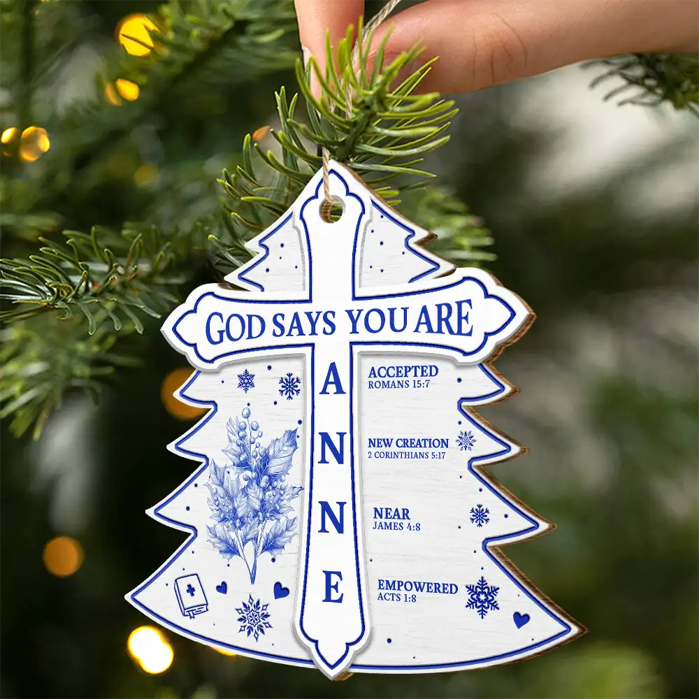 God Says I Am Toile De Jouy Flower - Personalized Custom Shaped Wooden Ornament - Image 2