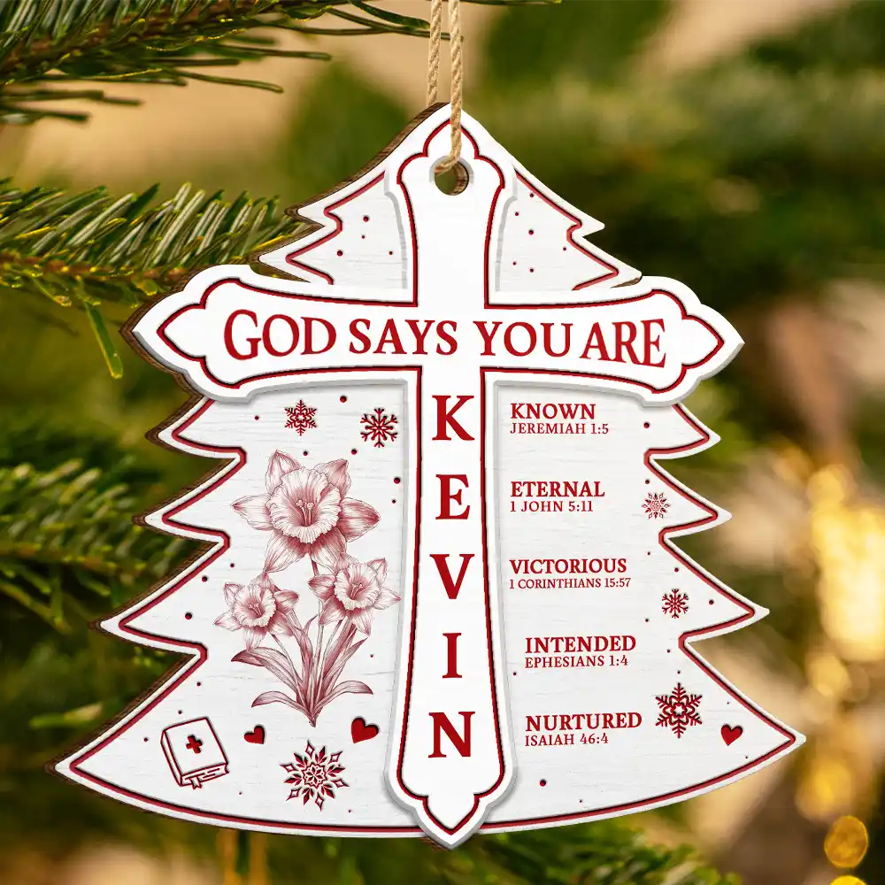 God Says I Am Toile De Jouy Flower - Personalized Custom Shaped Wooden Ornament - Image 3