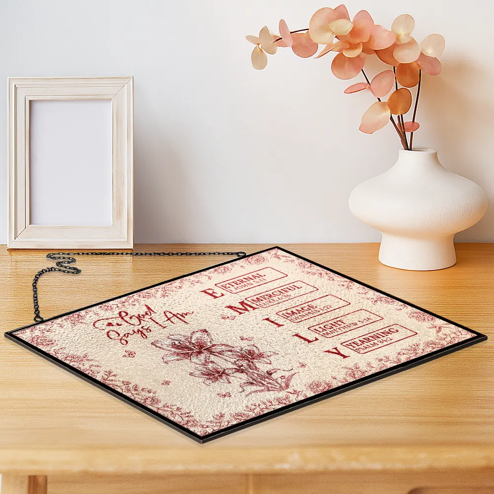 God Says I Am Toile De Jouy Flower - Personalized Horizontal Stained Glass Suncatcher - Image 2