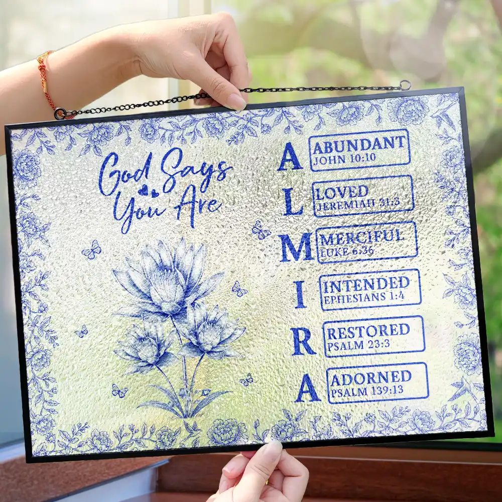 God Says I Am Toile De Jouy Flower - Personalized Horizontal Stained Glass Suncatcher - Image 4