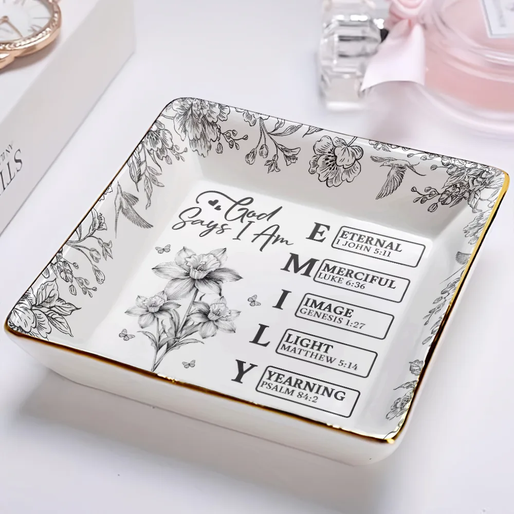 God Says I Am Toile De Jouy Flower - Personalized Ring Dish - Image 2