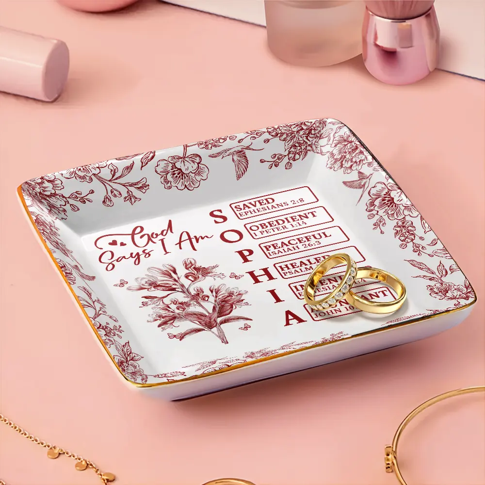God Says I Am Toile De Jouy Flower - Personalized Ring Dish - Image 3