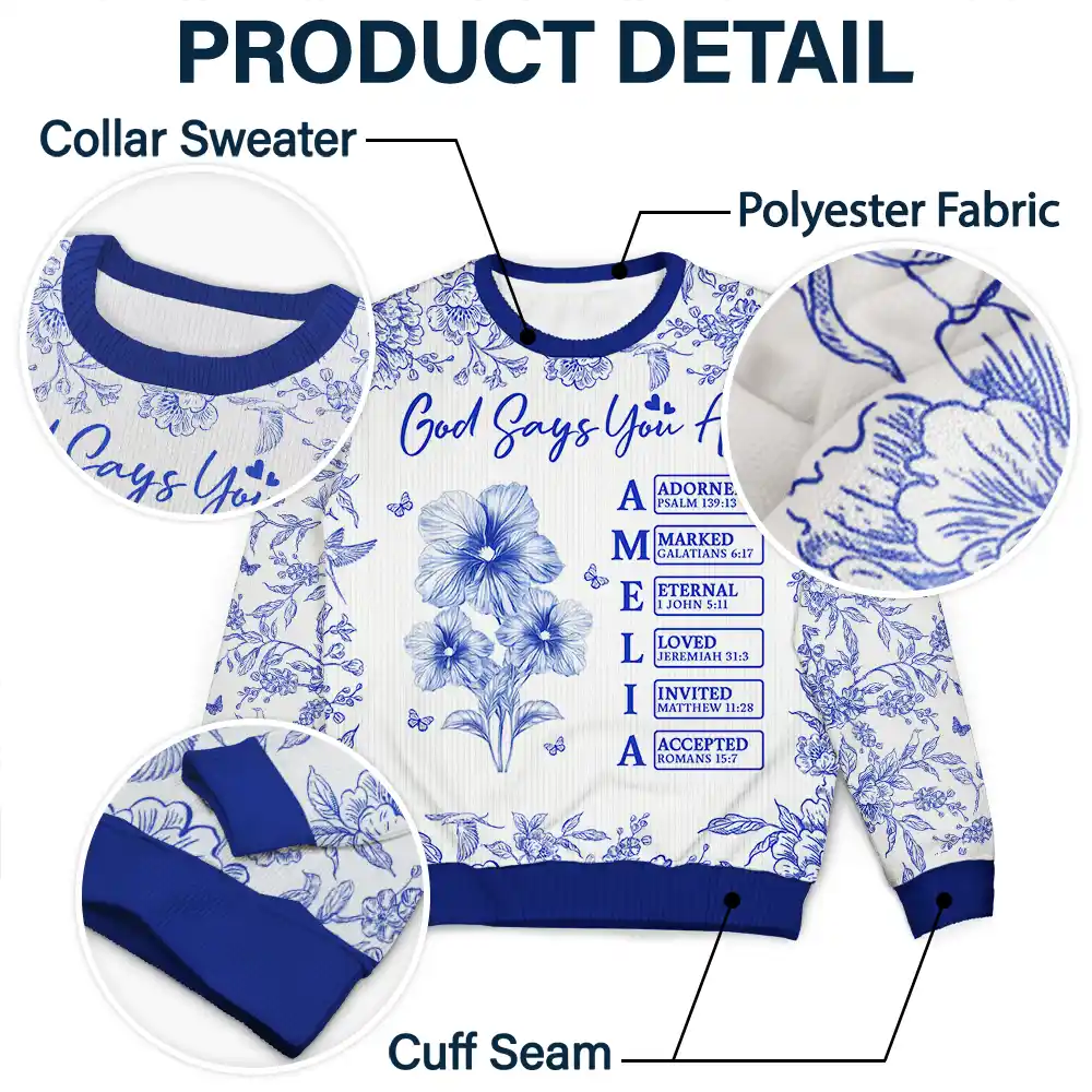 God Says I Am Toile De Jouy Flower - Personalized Unisex Ugly Sweater - Image 6