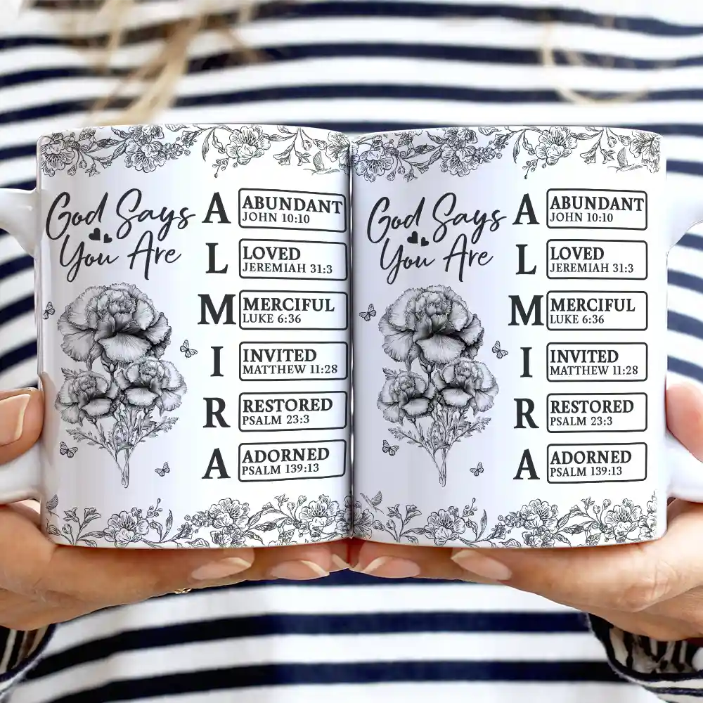 God Says I Am Toile De Jouy Flower - Personalized White Edge-to-Edge Mug - Image 2