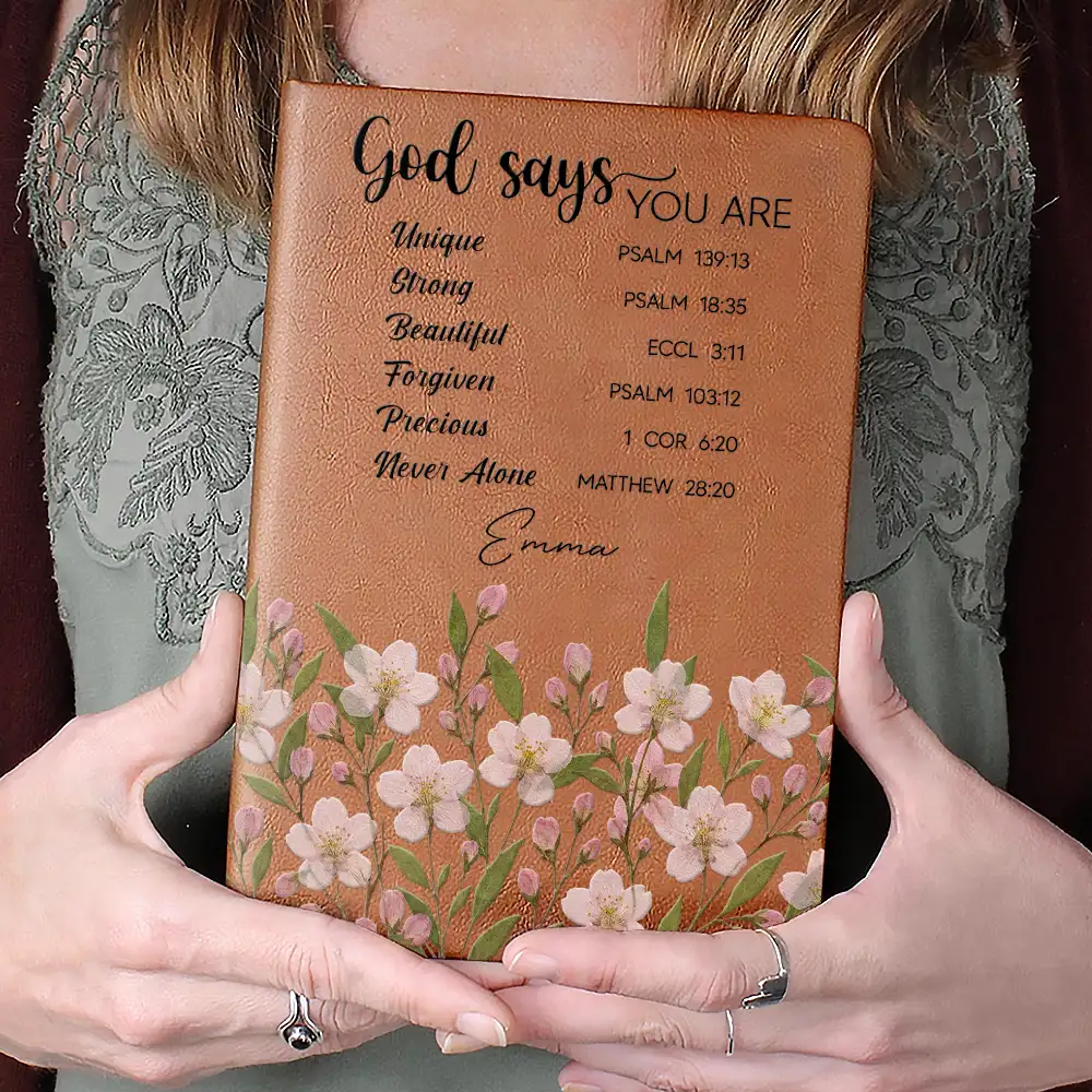 God Says You Are Bible Verse Faux Pressed Effect Birth Flower - Personalized Leather Journal - Image 4
